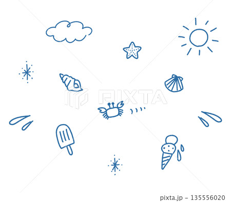 夏 手描き 線画 イラスト セット 夏休み アイコン 太陽 雲 貝殻 アイス 135556020