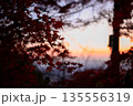 真っ赤な紅葉と夕日 135556319