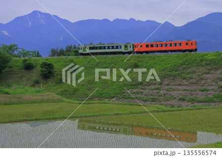 雄大な南アルプスを背に急こう配を登る小海線キハ110系気動車(復刻色)_2016/5/28撮影 雄大な南アルプスを背に急こう配を登る小海線キハ110系気動車(復刻色)_2016/5/28撮影 135556574