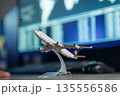 Close up focused view of toy plane on desk in airline company 135556586