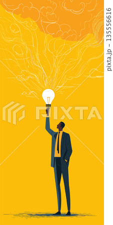 Businessman holding light bulb representing creative idea. Businessman reaching for a glowing light bulb, symbolizing new ideas and innovation 135556616