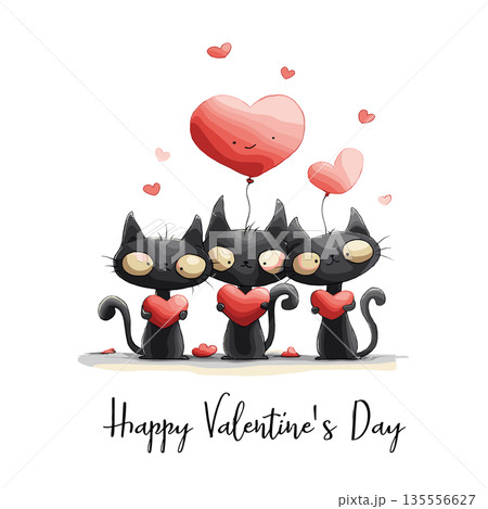 Three black cats holding hearts celebrating Valentine's Day. Three cartoon black cats holding red hearts with floating additional hearts against a white background Three black cats holding hearts celebrating Valentine's Day. Three cartoon black cats holding red hearts with floating additional hearts against a white background 135556627