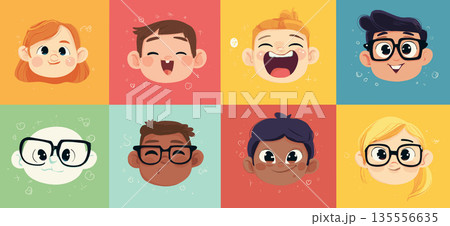 Cartoon faces showing emotions and different personalities. Cheerful cartoon faces on a colorful background expressing various emotions and concepts 135556635