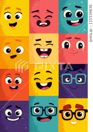 Cartoon faces showing emotions and different personalities. Cheerful cartoon faces on a colorful background expressing various emotions and concepts Cartoon faces showing emotions and different personalities. Cheerful cartoon faces on a colorful background expressing various emotions and concepts 135556636