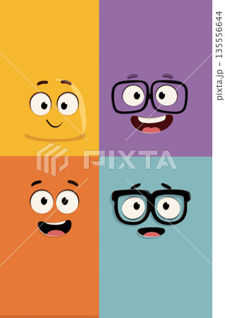 Cartoon faces showing emotions and different personalities. Cheerful cartoon faces on a colorful background expressing various emotions and concepts 135556644