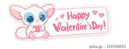 Cute big-eyed animal delivering Happy Valentine's Day message. Cute cartoon animal holding a pink sign for Valentine's Day celebration Cute big-eyed animal delivering Happy Valentine's Day message. Cute cartoon animal holding a pink sign for Valentine's Day celebration 135556655