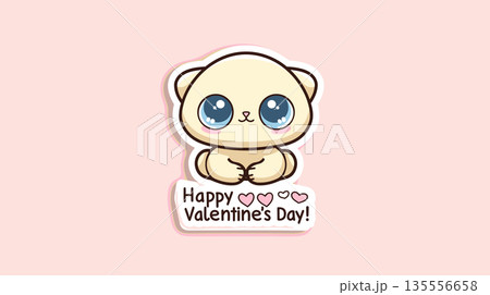 Cute big-eyed animal delivering Happy Valentine's Day message. Cute cartoon animal holding a pink sign for Valentine's Day celebration 135556658