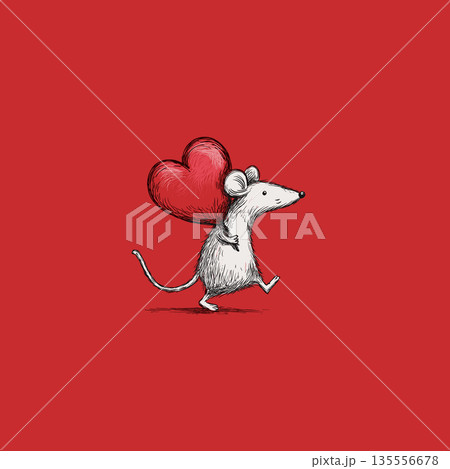 Cute gray rat carrying red heart running. Cartoon gray rat running with a large red heart on a solid red background 135556678