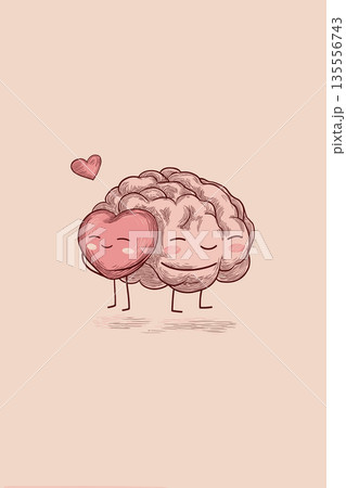 Gentle cartoon brain and heart hugging, showing mental health. Brain and heart characters are hugging, symbolizing mental and emotional balance with care Gentle cartoon brain and heart hugging, showing mental health. Brain and heart characters are hugging, symbolizing mental and emotional balance with care 135556743