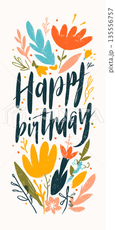 Happy birthday greeting text design with colorful leaves. Happy birthday lettering combining playful design elements and vibrant colors 135556757