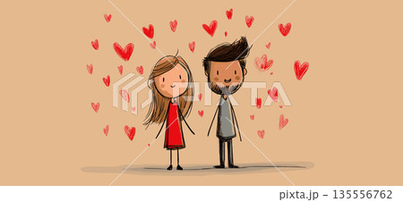Happy cartoon couple showing love and affection. Smiling cartoon boy and girl with red hearts floating above them, depicting true love 135556762