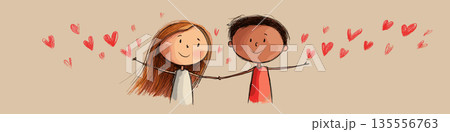 Happy cartoon couple showing love and affection. Smiling cartoon boy and girl with red hearts floating above them, depicting true love 135556763