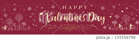 Happy Valentine's Day gold glitter greeting with floral ornament. Gold happy Valentine's Day text on a red background with decorative floral elements Happy Valentine's Day gold glitter greeting with floral ornament. Gold happy Valentine's Day text on a red background with decorative floral elements 135556790