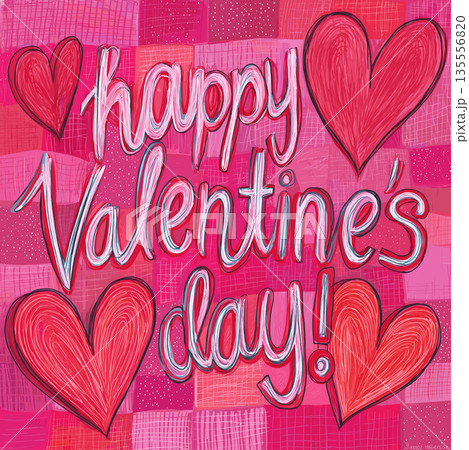 Happy Valentine's Day greeting with vibrant pink hearts. Hand-drawn Happy Valentine's Day text with textured hearts on a plaid background Happy Valentine's Day greeting with vibrant pink hearts. Hand-drawn Happy Valentine's Day text with textured hearts on a plaid background 135556820