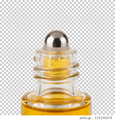 Detailed view of a shimmering golden liquid in a roll-on bottle, on transparent background. Perfect for luxury serums, perfumes, and high-end cosmetics Detailed view of a shimmering golden liquid in a roll-on bottle, on transparent background. Perfect for luxury serums, perfumes, and high-end cosmetics 135556878