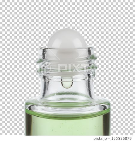 Close-up of a glass roll-on bottle filled with a natural green liquid, isolated on a transparent background. Ideal for essential oils and wellness Close-up of a glass roll-on bottle filled with a natural green liquid, isolated on a transparent background. Ideal for essential oils and wellness 135556879