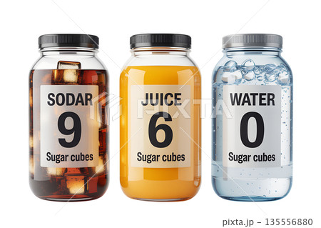 Visual comparison of sugar cubes in common beverages, cola, fruit juice, water. Powerful imagery for health education Visual comparison of sugar cubes in common beverages, cola, fruit juice, water. Powerful imagery for health education 135556880