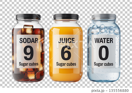 Visual comparison of sugar cubes in common beverages, cola, fruit juice, water. Powerful imagery for health education Visual comparison of sugar cubes in common beverages, cola, fruit juice, water. Powerful imagery for health education 135556880