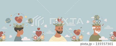 Mental Health Seamless Border. Generations Black Men Wellness Repeatable Pattern. African American Male Psychology. Diverse Life Cycle and Inner Peace. Vector Horizontal Flat Illustration. Not AI 135557301