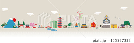 日本の伝統的な建物や風物や行事。四季の風景のイラスト 日本の伝統的な建物や風物や行事。四季の風景のイラスト 135557332