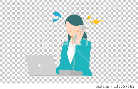 Illustration of a businesswoman busy answering phone complaints at a desk with a PC and a phone. Flat design. Illustration of a businesswoman busy answering phone complaints at a desk with a PC and a phone. Flat design. 135557562
