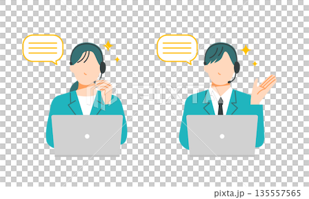 Illustration of call center men and women wearing headsets with lively expressions. Flat design. Illustration of call center men and women wearing headsets with lively expressions. Flat design. 135557565