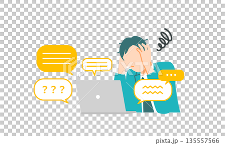 A businessman in a suit is busy responding to inquiries. He has a stressful expression. Flat design. A businessman in a suit is busy responding to inquiries. He has a stressful expression. Flat design. 135557566