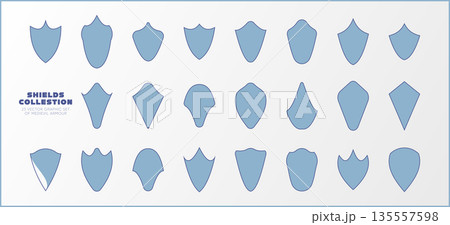 Shields collection set. Medieval heraldry crest emblems and armor badge shapes for coat of arms, fantasy RPG, game UI, logos and branding. Editable vector 135557598