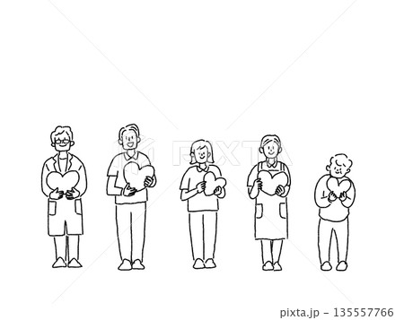 ハートを持った介護、福祉、医療関係の人たちとお年寄り、線画 135557766