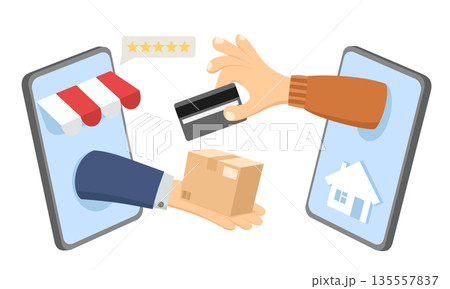Online shopping via mobile phone on a white background. Isolated Online shopping via mobile phone on a white background. Isolated 135557837