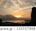 オレンジ色の夕焼けを飛ぶ一羽の鳥 135557998