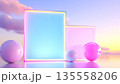 Neon framed mirrors and glossy spheres in pastel skyscape 135558206