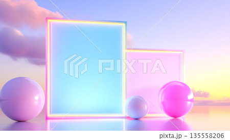 Neon framed mirrors and glossy spheres in pastel skyscape Neon framed mirrors and glossy spheres in pastel skyscape 135558206