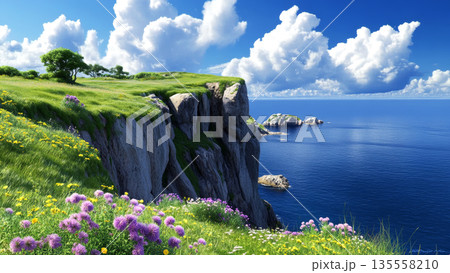 Majestic coastal cliffs with vibrant wildflowers and clear blue sky Majestic coastal cliffs with vibrant wildflowers and clear blue sky 135558210