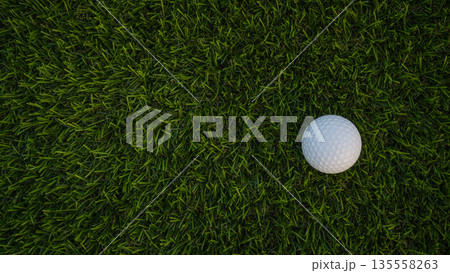 Golf ball on green grass in the evening golf course with sunshine background. 135558263