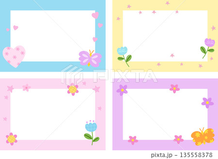 Pastel frame set with butterfly, flowers, heart for polaroid photo, rectangle ad template, social media, poster, decoration, notepad, sticky note, memo, nature, floral print, paper design, book cover Pastel frame set with butterfly, flowers, heart for polaroid photo, rectangle ad template, social media, poster, decoration, notepad, sticky note, memo, nature, floral print, paper design, book cover 135558378