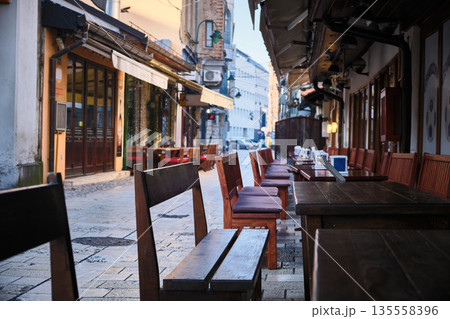 Empty Street Cafe in Historic Quarter 135558396
