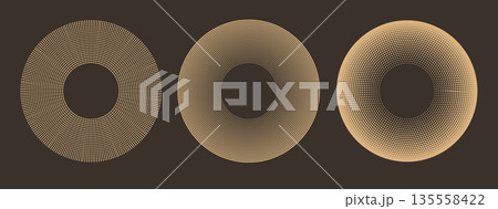 Concentric line radial circles, suns. Abstract bohemian geometric shapes with textured effect. Minimalist vector background. 135558422