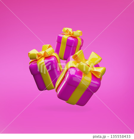 Floating, bright pink 3D gift boxes of various sizes, with closed lids and yellow bows. 135558433