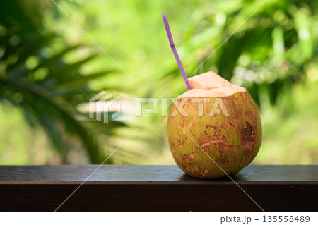 Fresh Coconut with Tropical Leaves Background for Healthy Lifestyle Concept Fresh Coconut with Tropical Leaves Background for Healthy Lifestyle Concept 135558489