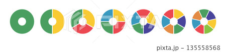 Donut charts, pies segmented on from 1 to 7 equal parts. Diagrams infographic circle section graph from one to seven steps. Wheels divided in sections. Pie, pizza chart round icons layout. Loading bar 135558568