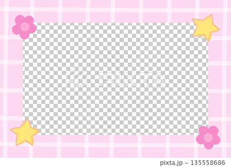 Rectangle pastel pink plaid frame with flowers and stars for polaroid photo, ad template, social media post, decoration, notepads, sticky note, memo, poster, post card, nature, floral print, garden 135558686