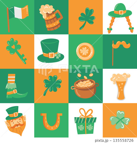 Seamless pattern with Saint Patricks Day symbols. Fun background for packaging, textiles, wrapping paper and festive designs. 135558726