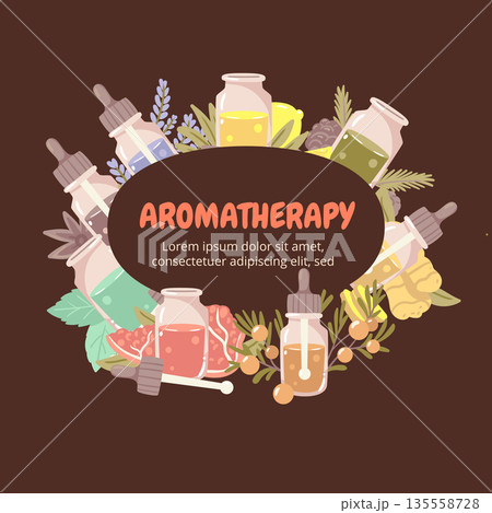 A lush circular wreath of various essential oil bottles and botanical elements. A professional frame design for aromatherapy products or blog headers. A lush circular wreath of various essential oil bottles and botanical elements. A professional frame design for aromatherapy products or blog headers. 135558728
