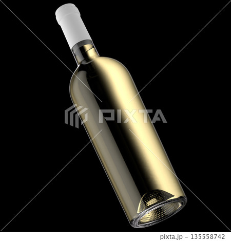 3d illustration of front view tilted white wine bottle with no label and white cap on black background 135558742