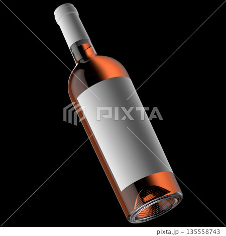 3d illustration of front view tilted rose wine bottle with white label and cap on dark background 135558743