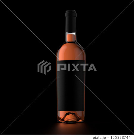 3d illustration of front view of rose wine bottle with black label and cap on dark background 135558744