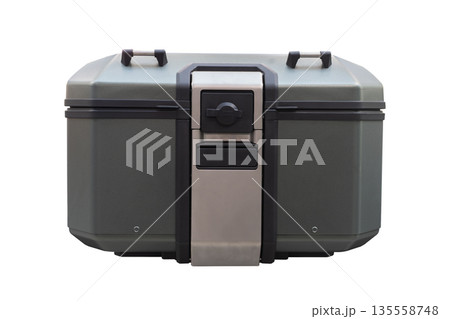 Motorcycle rugged rear metal storage box with secure latch on white Motorcycle rugged rear metal storage box with secure latch on white 135558748