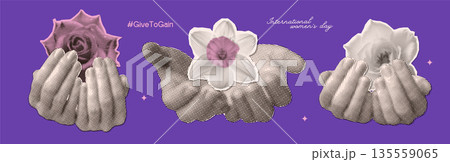 Set of Give to Gain halftone collage stickers with woman s hands holding a flower heads. GiveToGain campaign for Women s Day 2026. March 8. Vector Set of Give to Gain halftone collage stickers with woman s hands holding a flower heads. GiveToGain campaign for Women s Day 2026. March 8. Vector 135559065