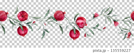 Seamless horizontal border or banner tropical Pomegranate and pink flower. Hand drawn watercolor illustration on white isolated background. Fruits with green leaves pattern for frame or banner. Seamless horizontal border or banner tropical Pomegranate and pink flower. Hand drawn watercolor illustration on white isolated background. Fruits with green leaves pattern for frame or banner. 135559227